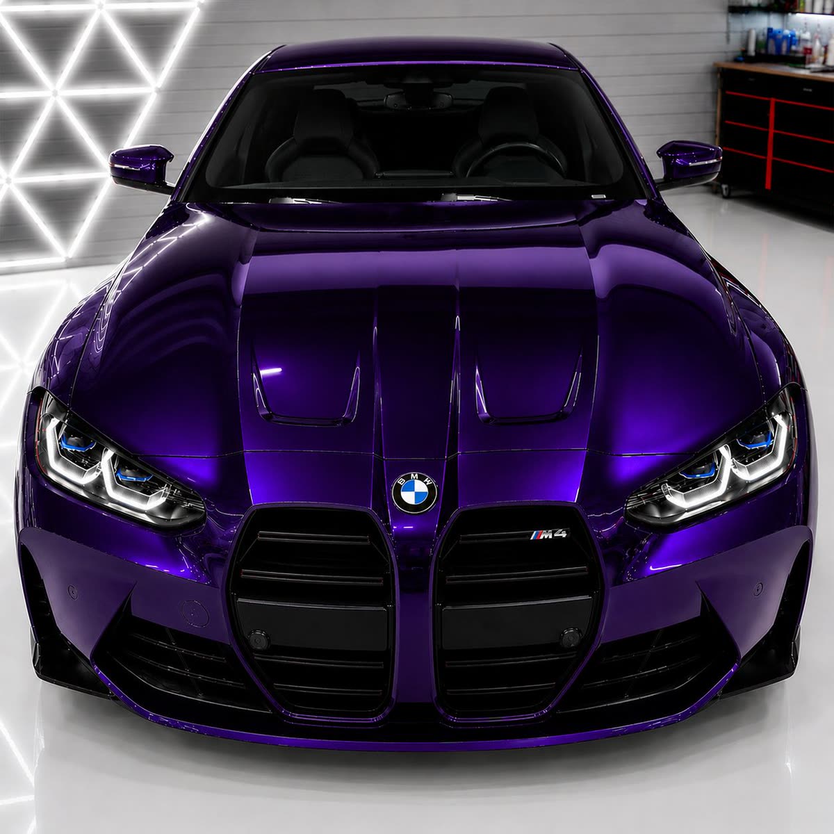 BMW M4 wrapped in purple chrome vinyl, photographed head-on in the Hayward shop