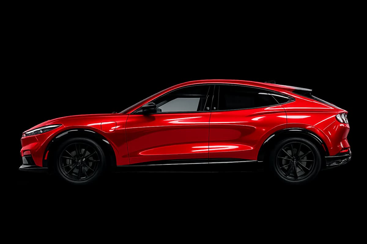 Red Ford Mustang Mach-E in profile against a black studio backdrop