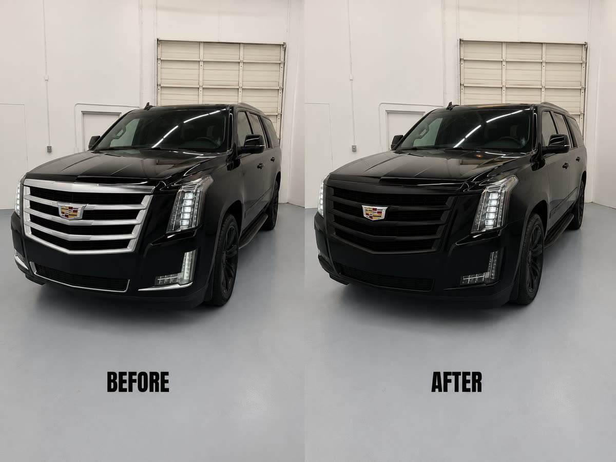 Before and after of a black Cadillac Escalade with its chrome grille and trim wrapped gloss black