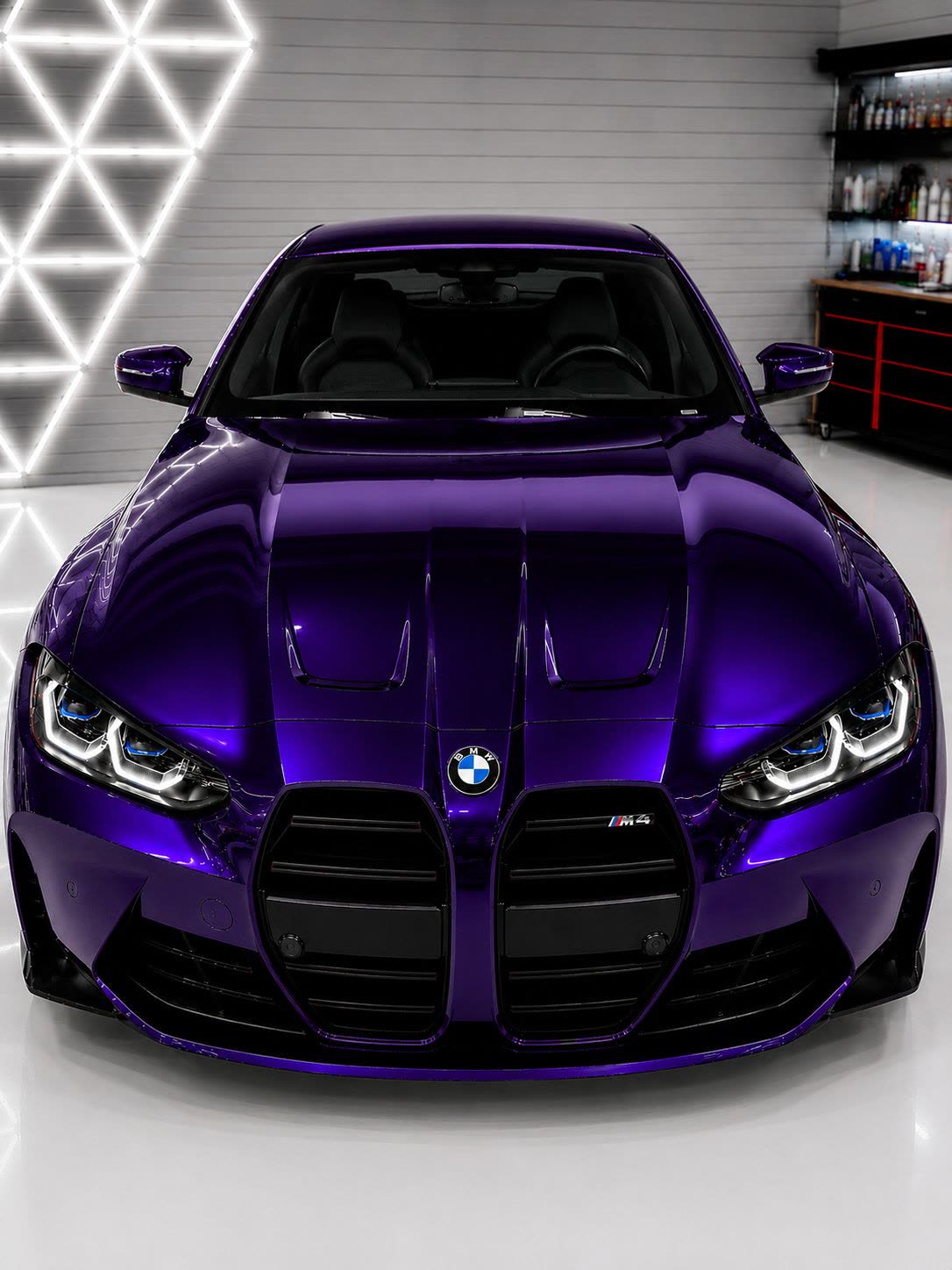 BMW M4 in a purple chrome wrap, front three-quarter view